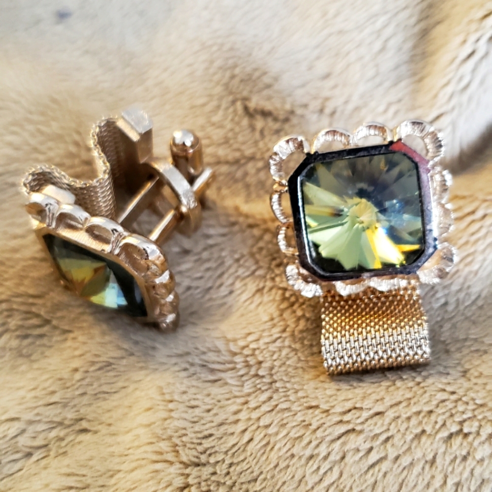 Designer cufflinks by DANTE gold mesh and emerald gem